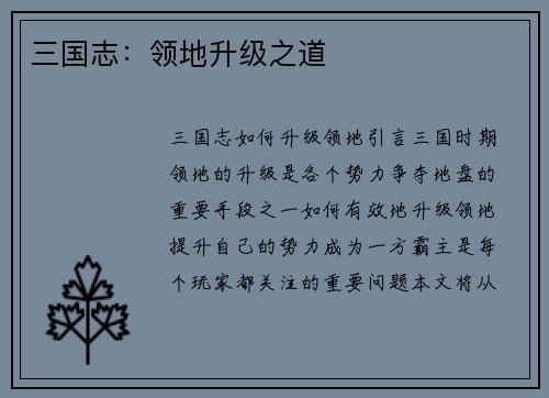 三国志：领地升级之道
