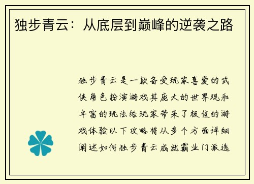 独步青云：从底层到巅峰的逆袭之路