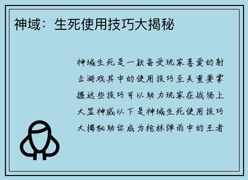 神域：生死使用技巧大揭秘